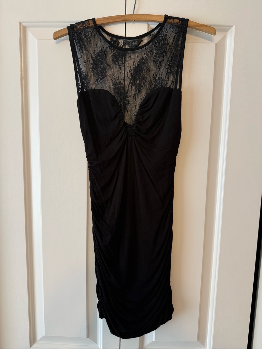 GUESS Black Lace Yoke Ruched Sheath Dress